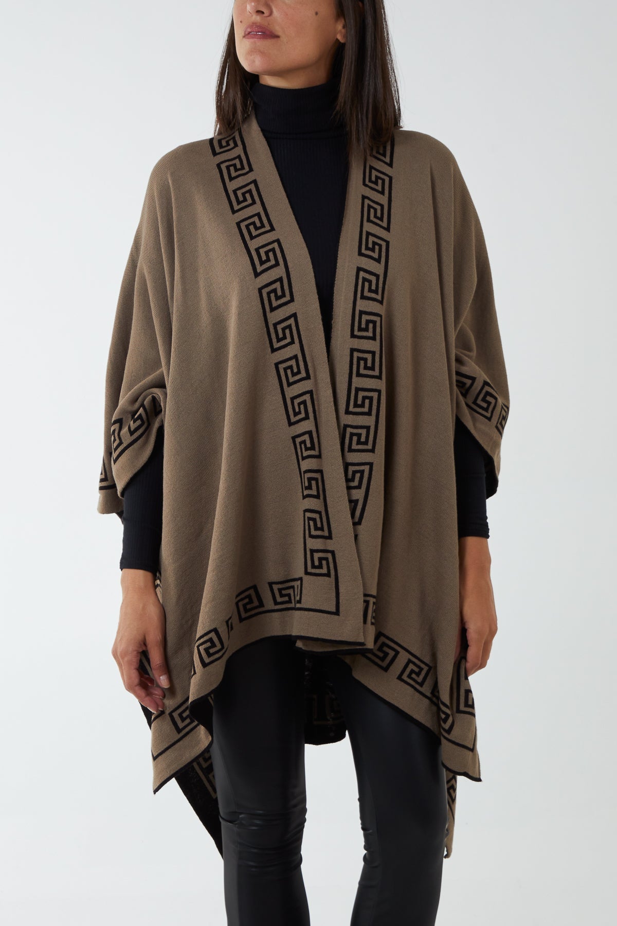 Black/Mocha Reversible Geometric Trim Fine Knitted Cape For Women ONE SIZE - Dropwear