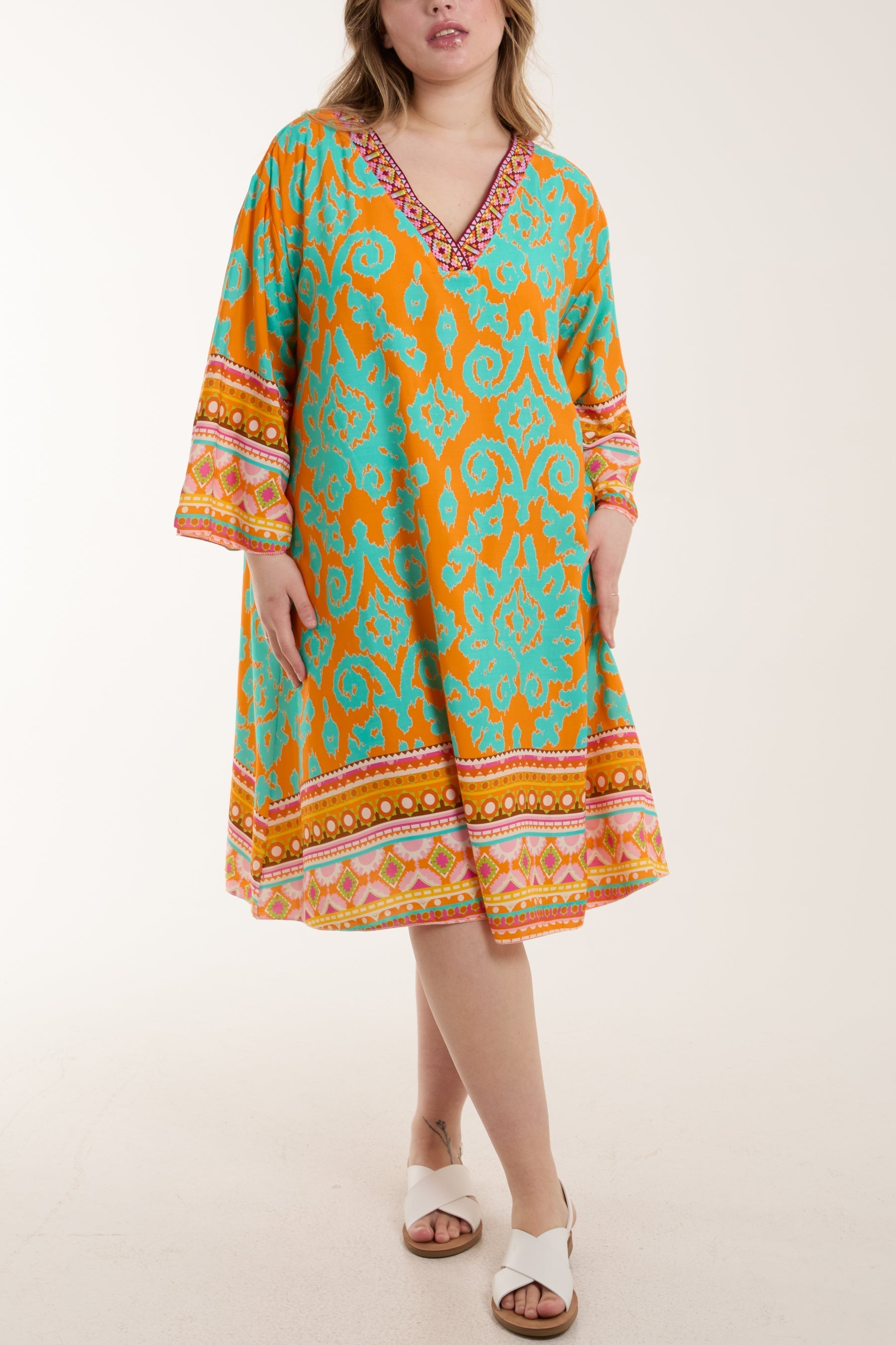 Black Embroidery V-Neck Printed Tunic Dress For Women ONE SIZE - Dropwear