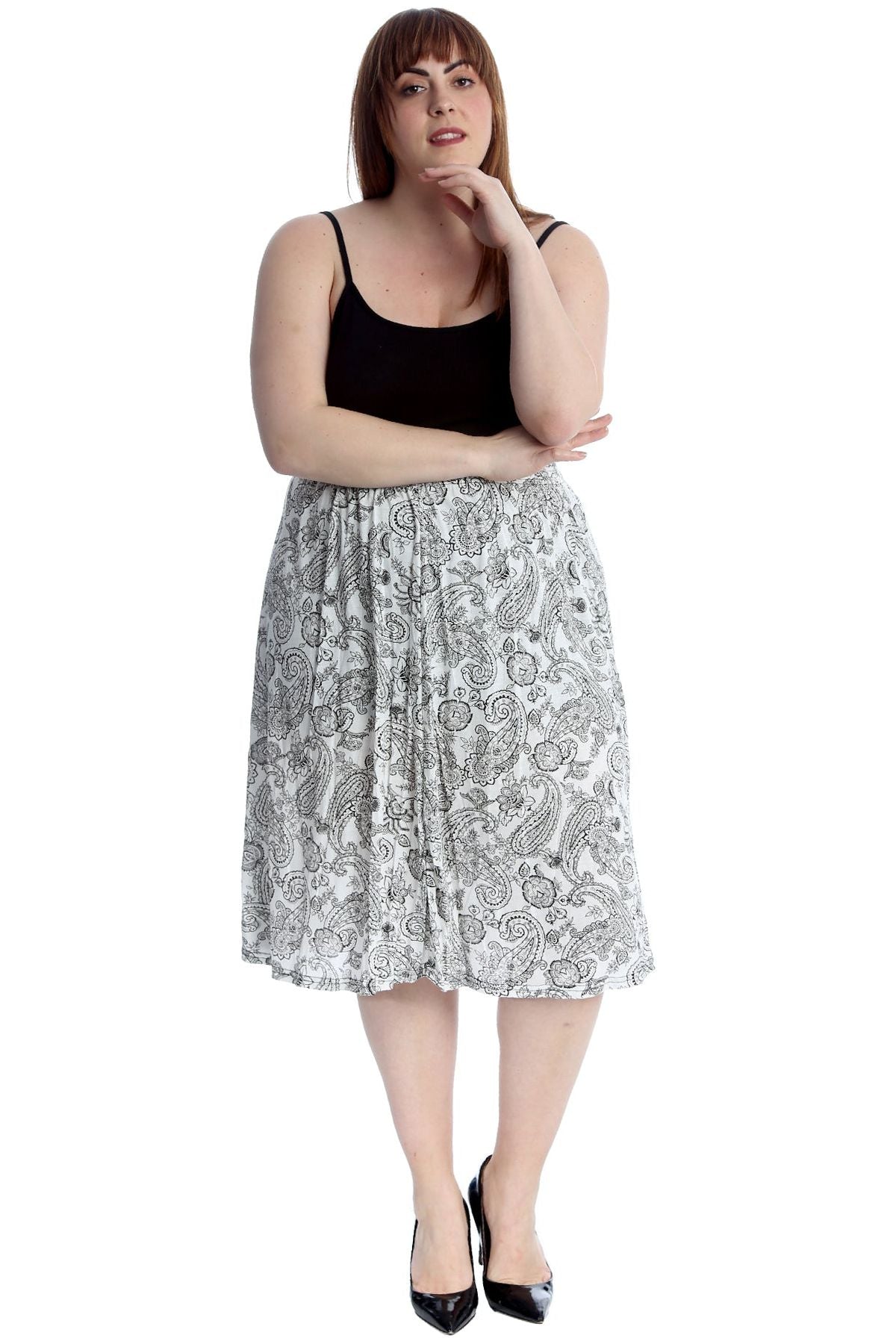 Paisley White Plus Size Paisley White Print Midi Skirt For Women 24-26 - Dropwear