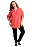 Zip Curved Hem V-Neck Batwing Sleeve Top For Women  - Dropwear