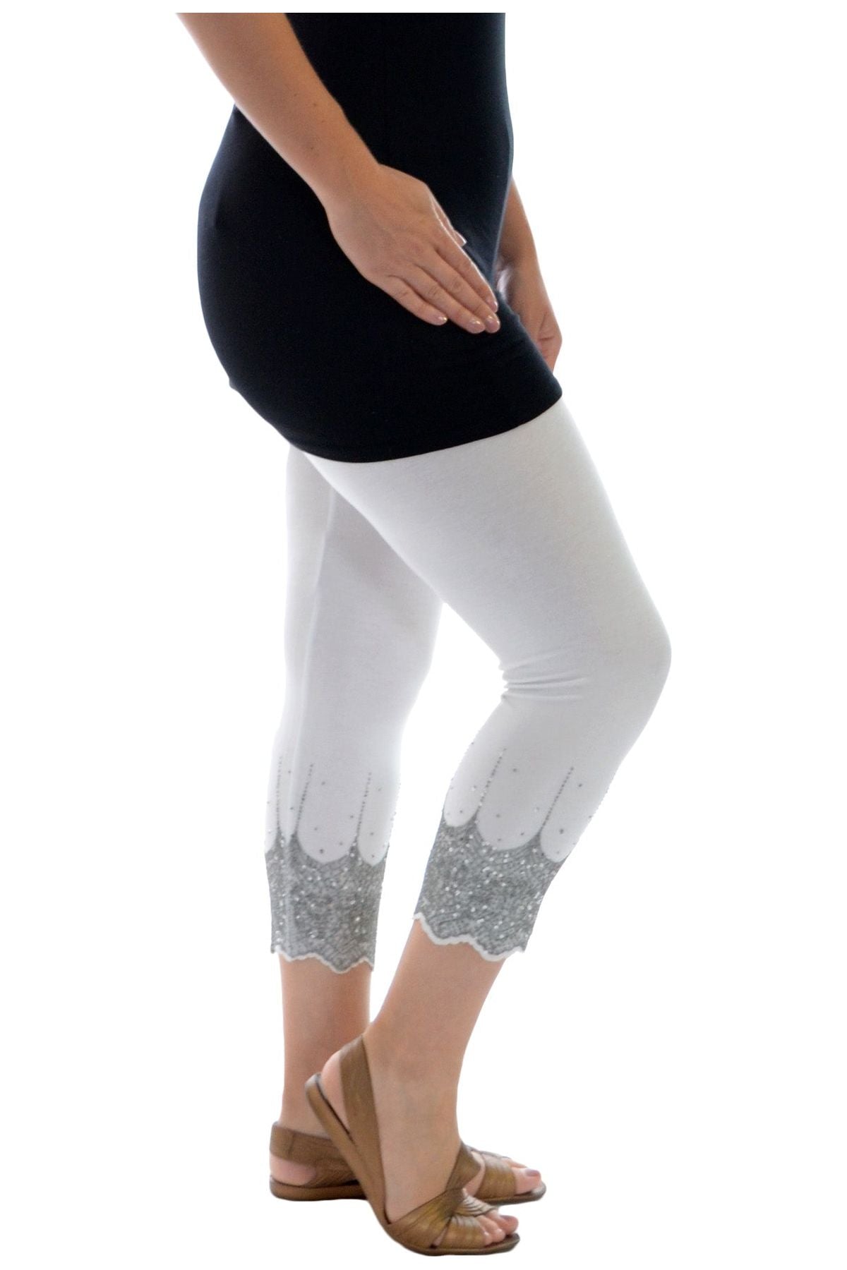 Black Silver Scallop Edge Sequin Leggings For Women 12-14 - Dropwear