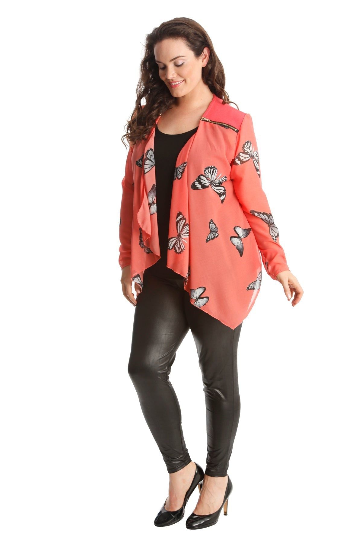 Black Chiffon Butterfly Print Sheer Cardigan Top For Women 26-28 - Dropwear