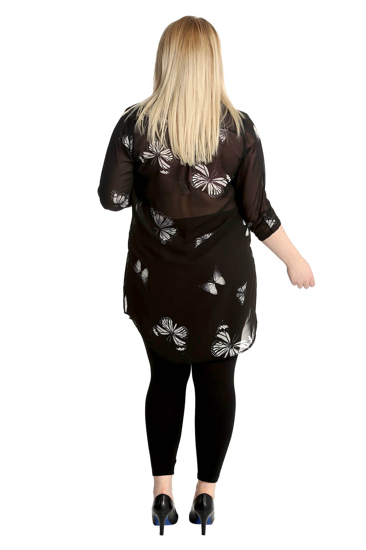 Cream Butterfly Print Side Slit Curved Hem Top For Women 22 - Dropwear