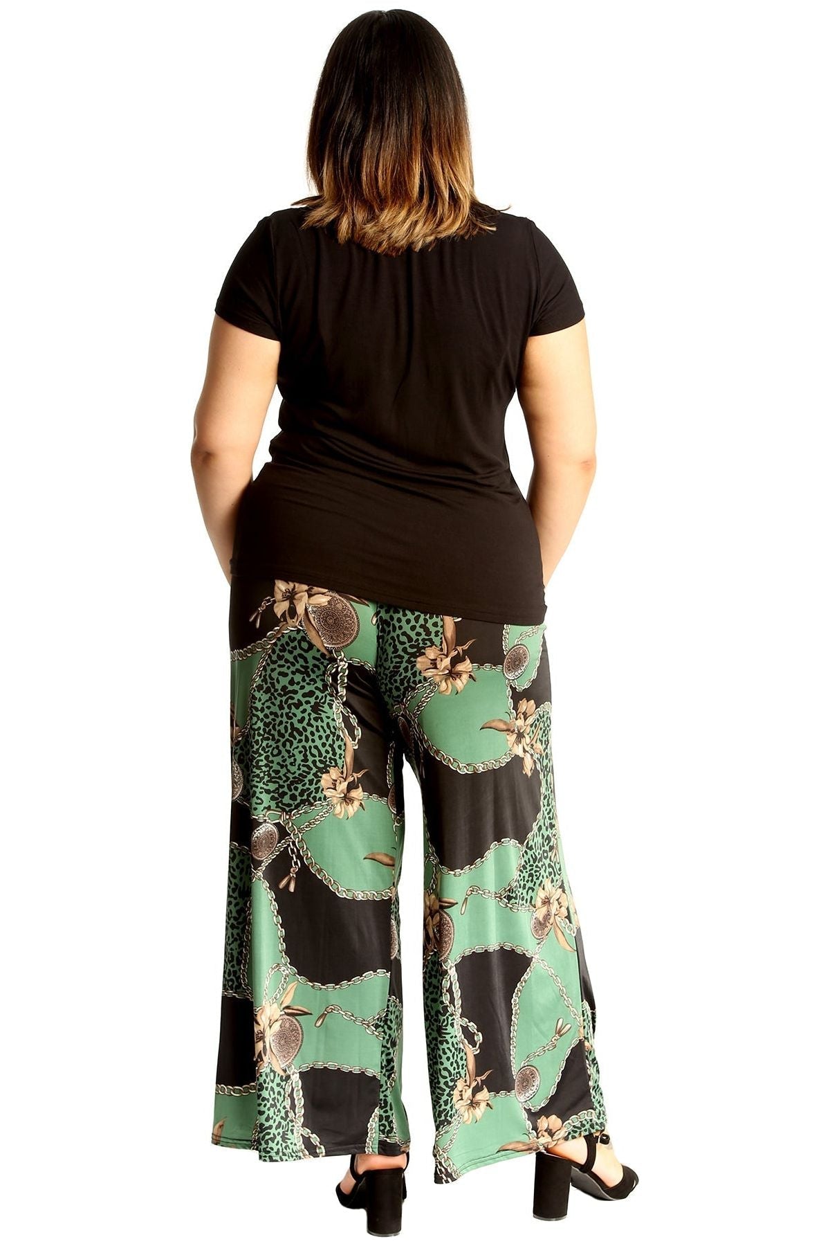 Plus Size Green Leopard Chain Print Palazzo Trouser For Women  - Dropwear