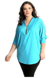 Zip Curved Hem V-Neck Batwing Sleeve Top For Women  - Dropwear