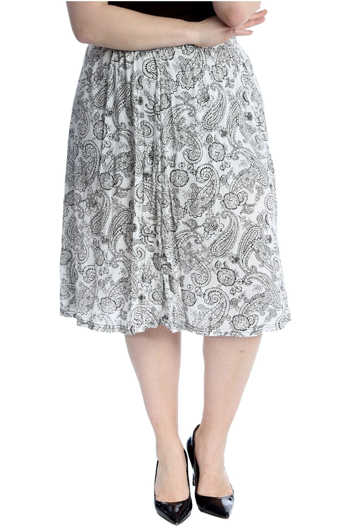 Plus Size Paisley White Print Midi Skirt For Women  - Dropwear