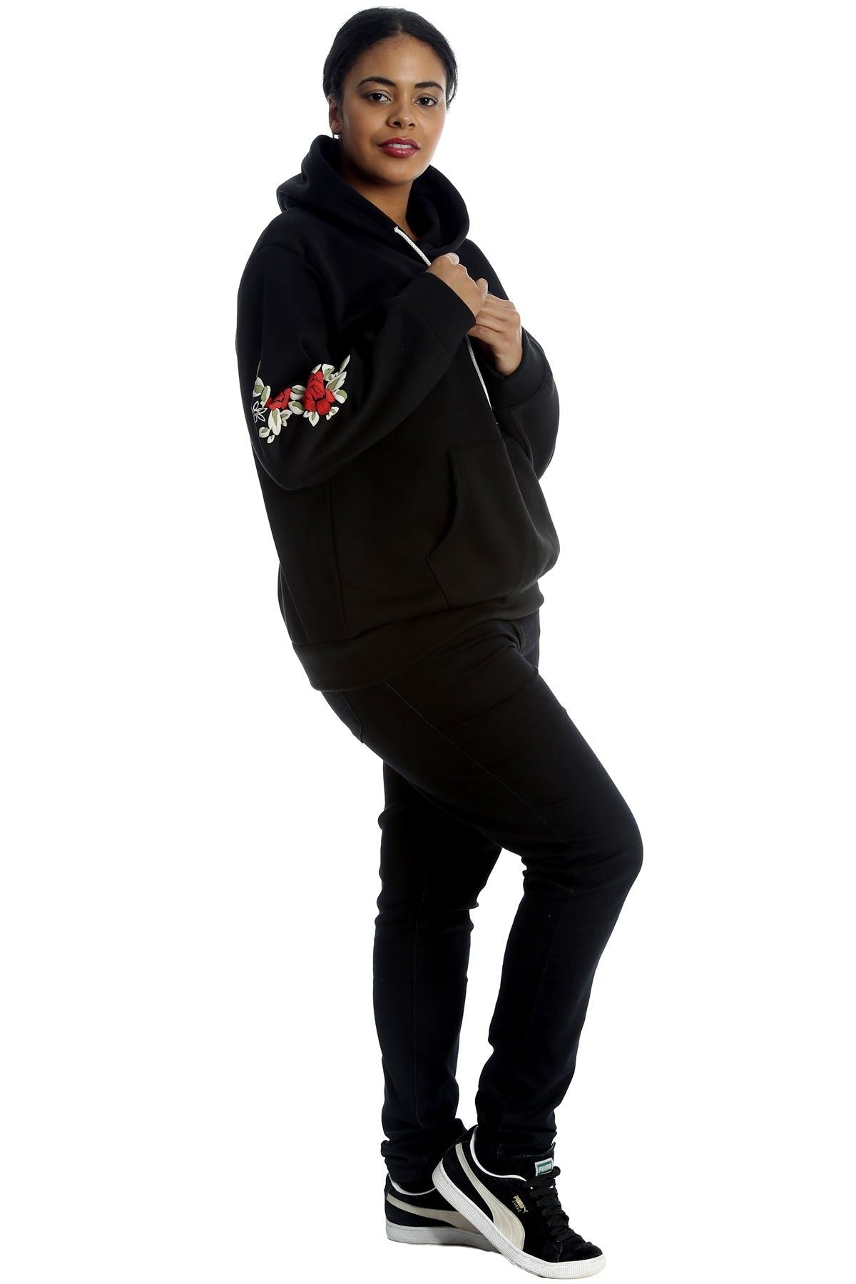 Black Embroidered Pouch Pocket Sweatshirt For Women 18-20 - Dropwear