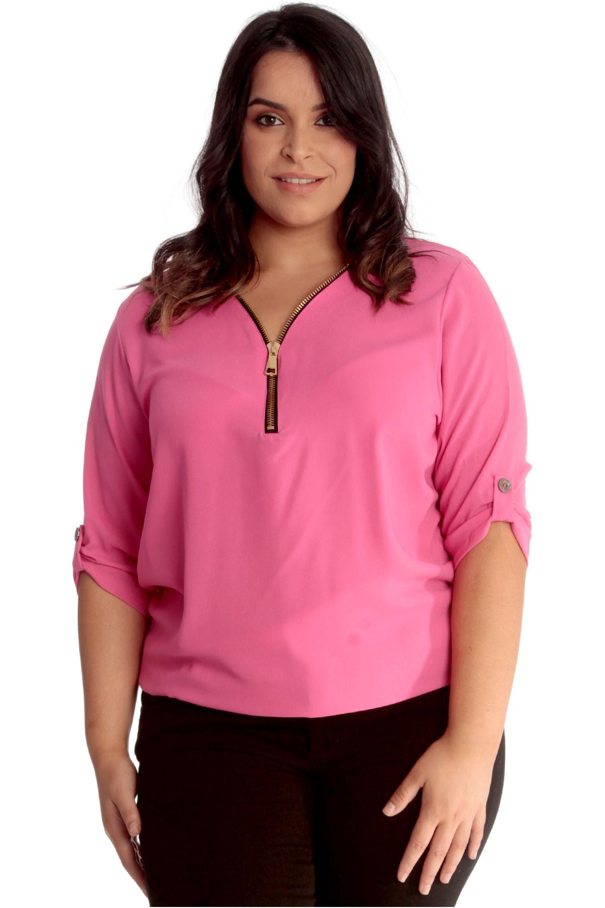 Zip Curved Hem V-Neck Batwing Sleeve Top For Women  - Dropwear