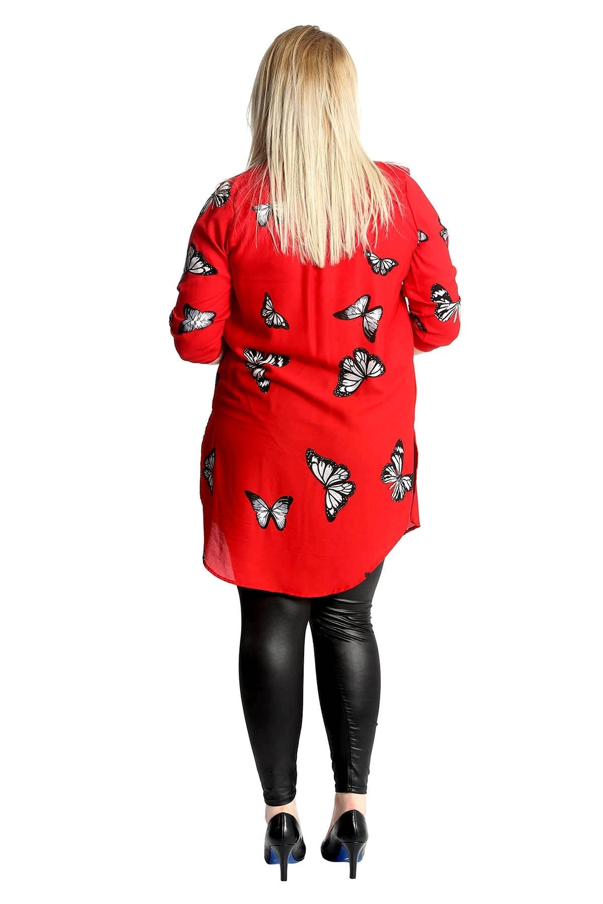 Royal Blue Butterfly Print Side Slit Curved Hem Top For Women 20 - Dropwear