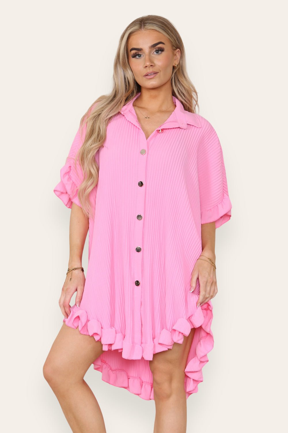 OverSized Italian Gold Button Pleated Frill Ruffle Dress Top For Women  - Dropwear