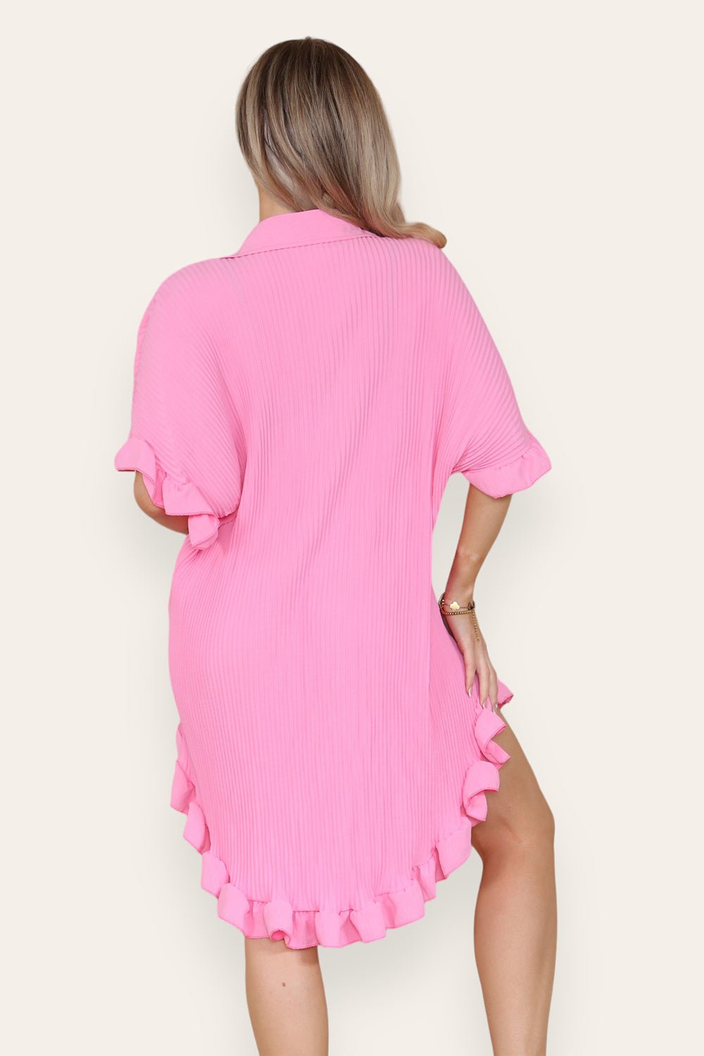 OverSized Italian Gold Button Pleated Frill Ruffle Dress Top For Women  - Dropwear