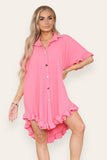 Orange OverSized Italian Gold Button Pleated Frill Ruffle Dress Top For Women ONE SIZE FIT (8-18) - Dropwear