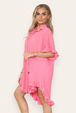 Sky Blue OverSized Italian Gold Button Pleated Frill Ruffle Dress Top For Women ONE SIZE FIT (8-18) - Dropwear