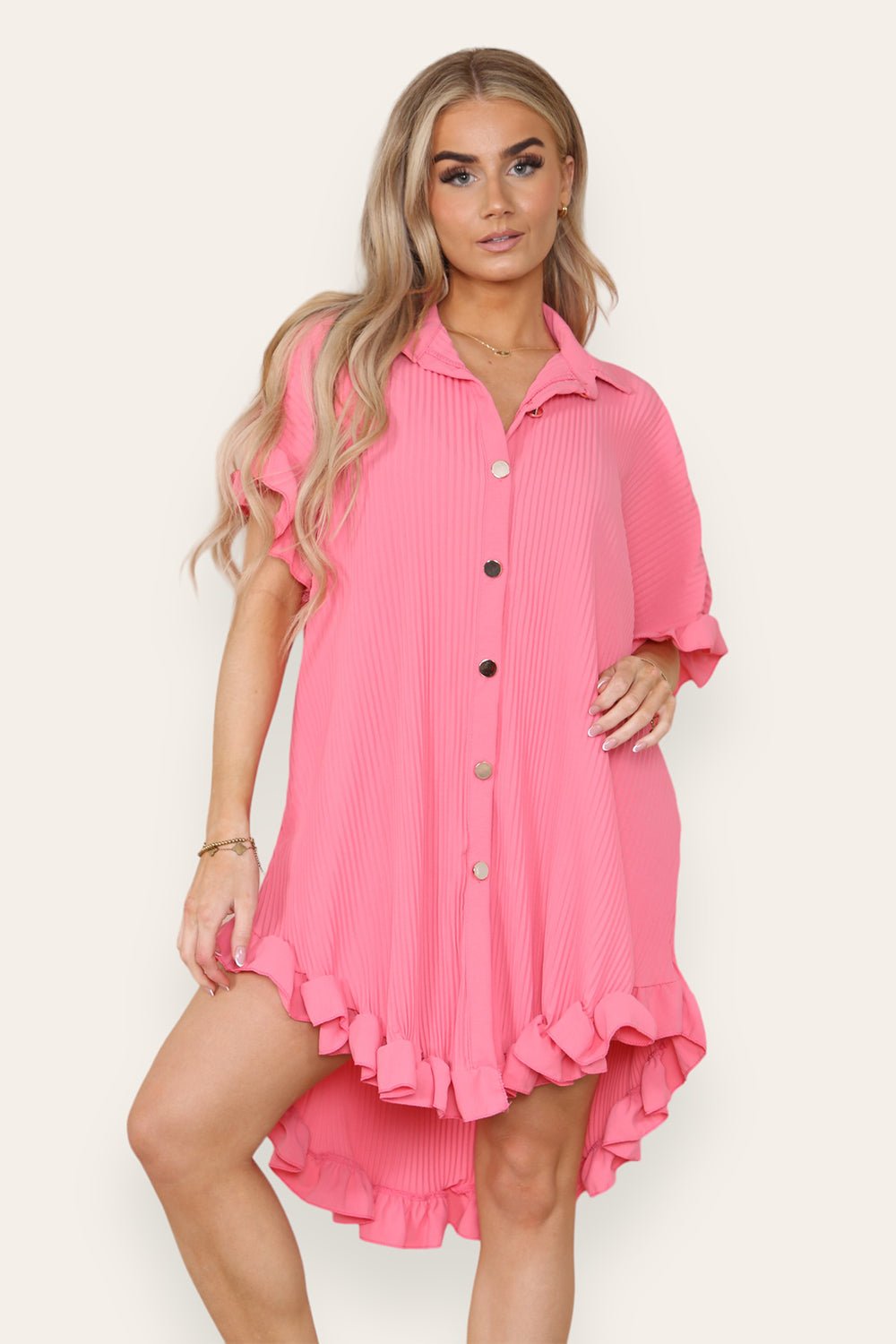 Beige OverSized Italian Gold Button Pleated Frill Ruffle Dress Top For Women ONE SIZE FIT (8-18) - Dropwear