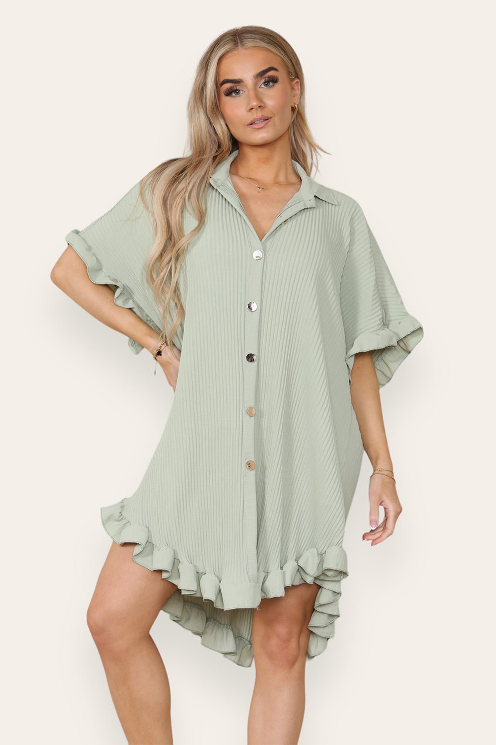 OverSized Italian Gold Button Pleated Frill Ruffle Dress Top For Women  - Dropwear
