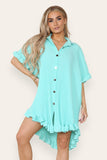 Aqua OverSized Italian Gold Button Pleated Frill Ruffle Dress Top For Women ONE SIZE FIT (8-18) - Dropwear