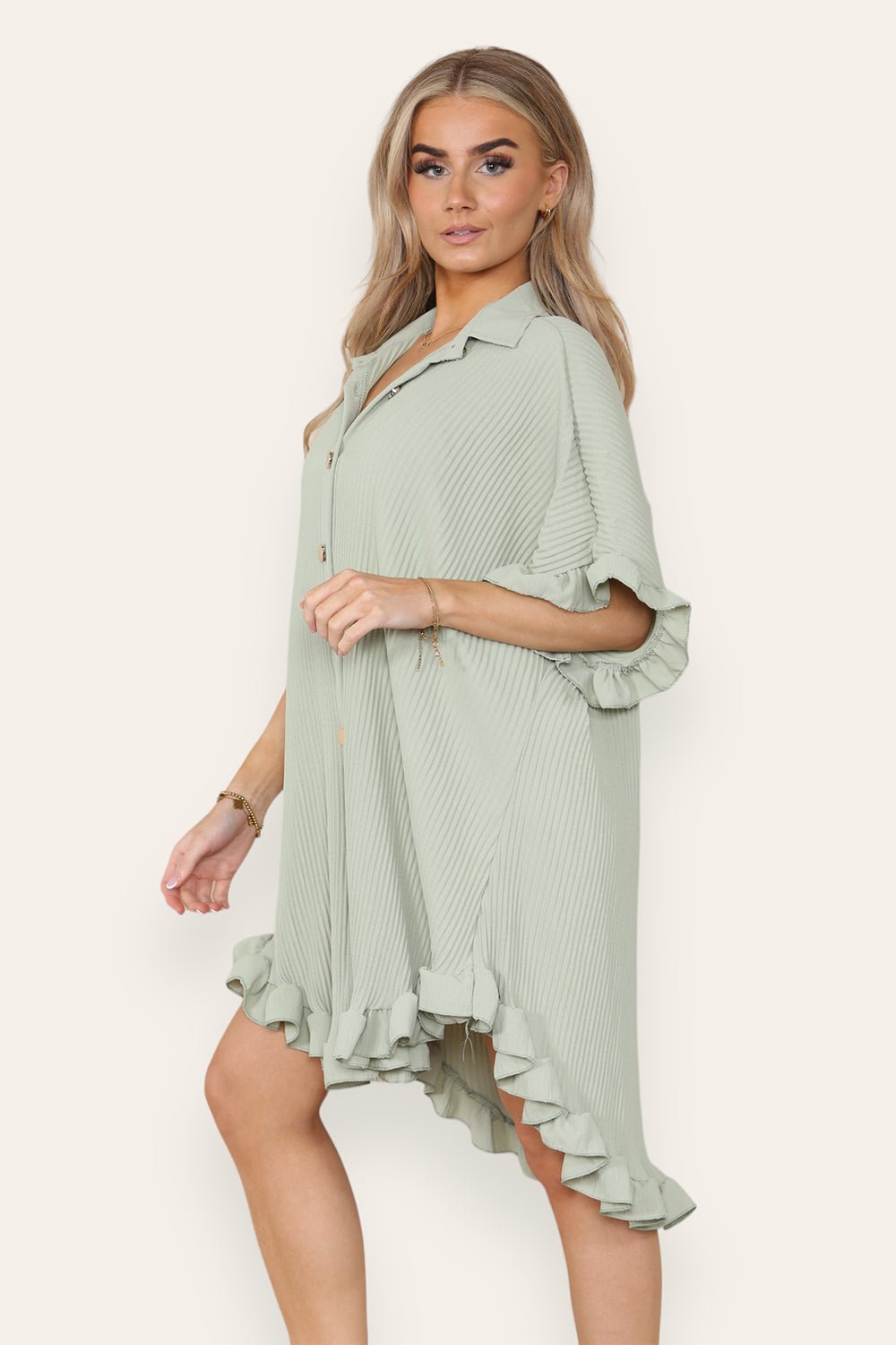 OverSized Italian Gold Button Pleated Frill Ruffle Dress Top For Women  - Dropwear