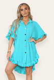 OverSized Italian Gold Button Pleated Frill Ruffle Dress Top For Women  - Dropwear