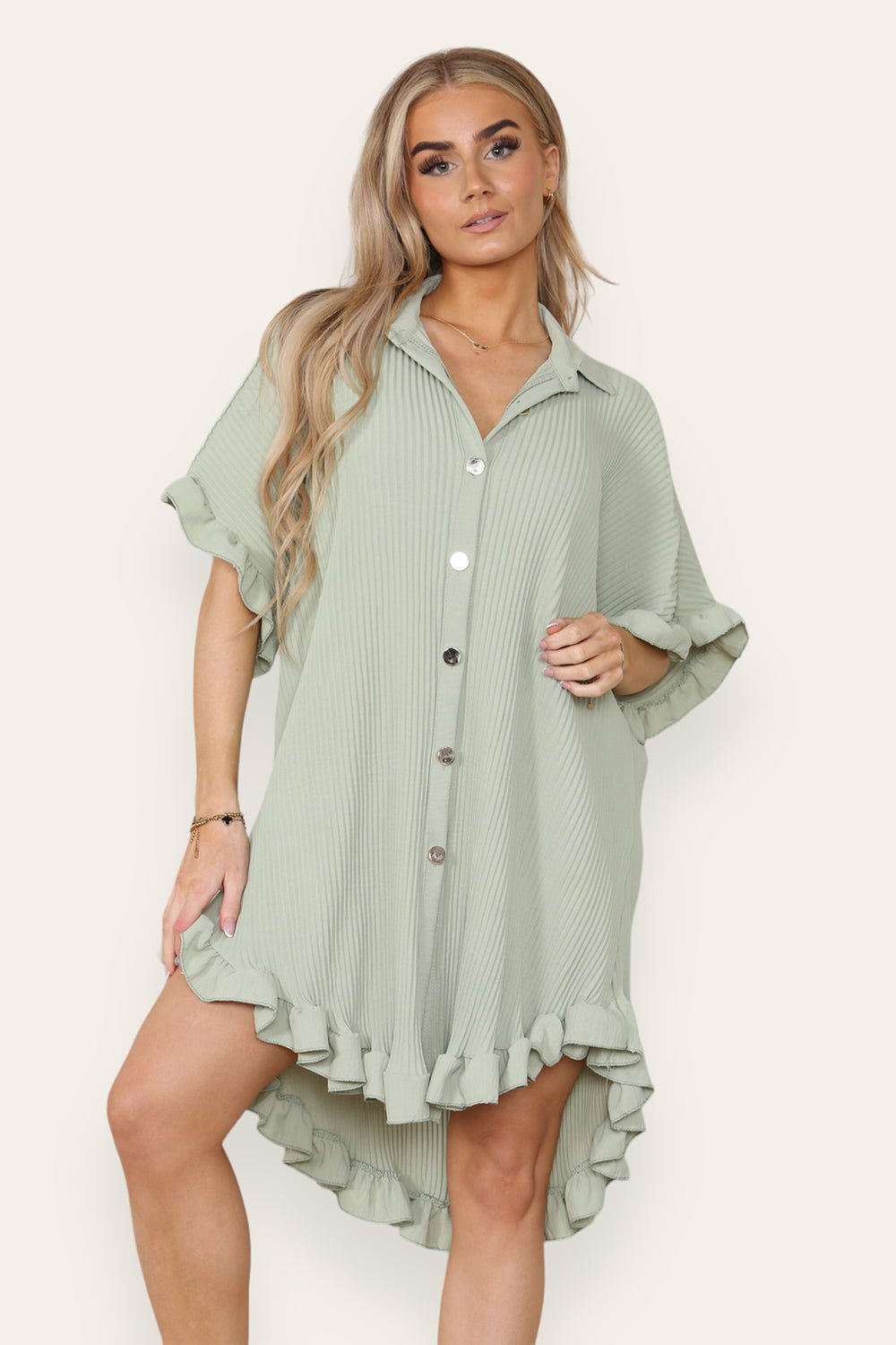 OverSized Italian Gold Button Pleated Frill Ruffle Dress Top For Women  - Dropwear