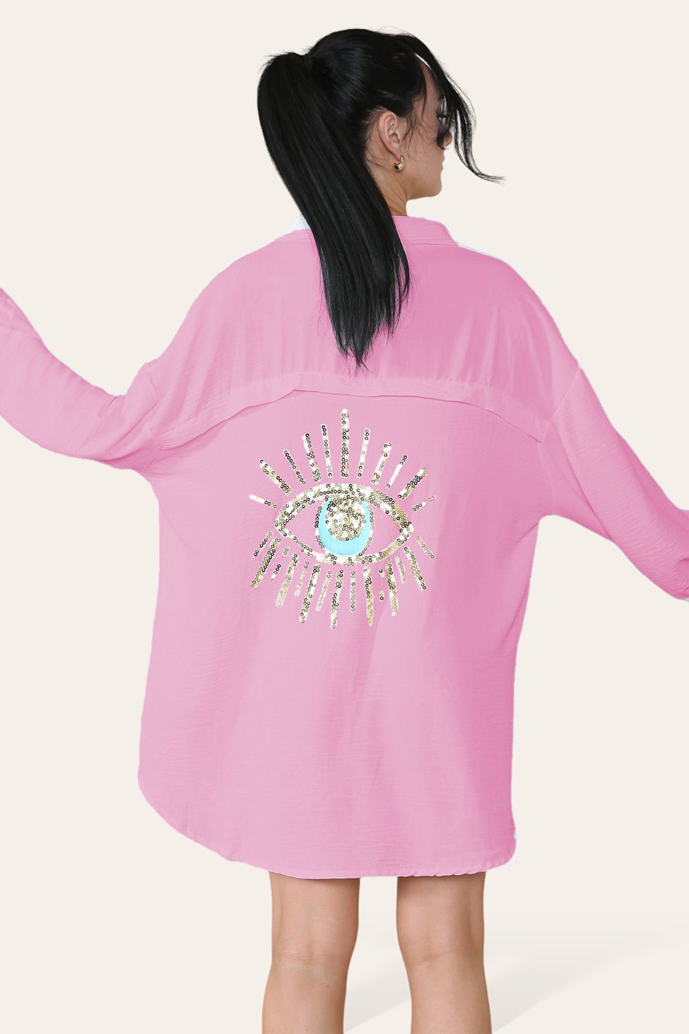 Orange Oversized Long Sleeve Gold Sequin Eye ButtonÂ UpÂ Shirt For Women ONE SIZE (8-16) - Dropwear