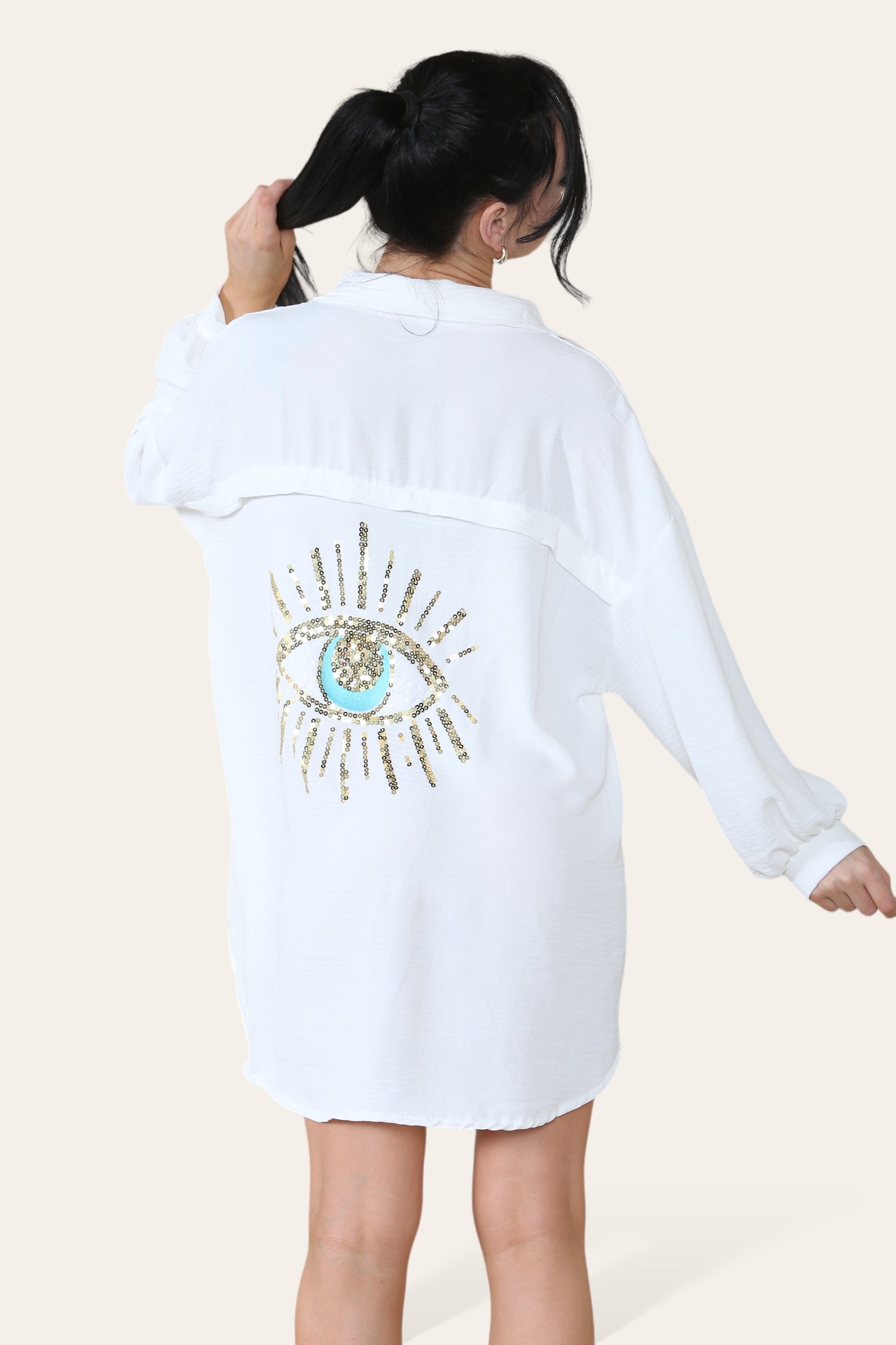 White Oversized Long Sleeve Gold Sequin Eye ButtonÂ UpÂ Shirt For Women ONE SIZE (8-16) - Dropwear