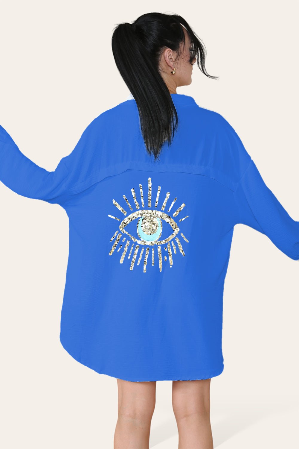 Oversized Long Sleeve Gold Sequin Eye ButtonÂ UpÂ Shirt For Women  - Dropwear