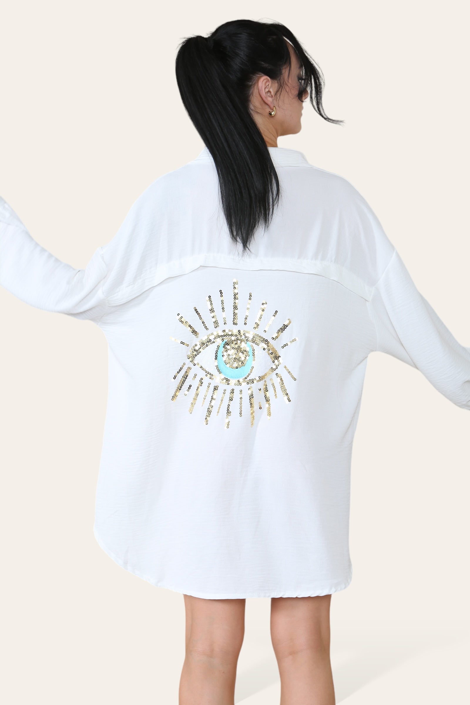 Black Oversized Long Sleeve Gold Sequin Eye ButtonÂ UpÂ Shirt For Women ONE SIZE (8-16) - Dropwear