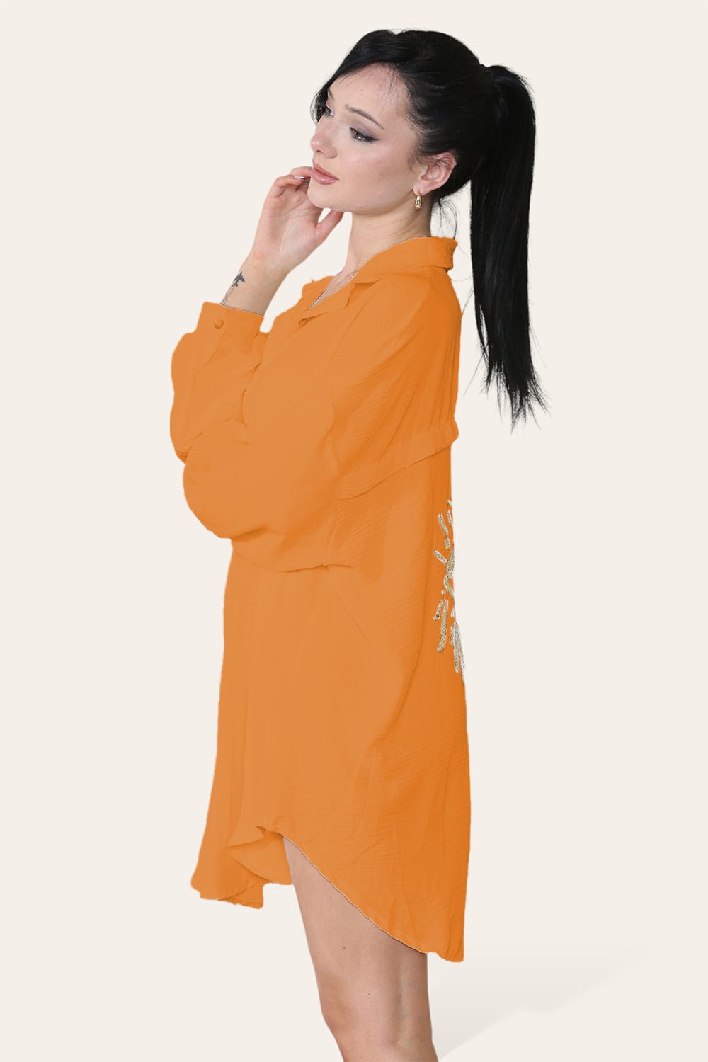 Oversized Long Sleeve Gold Sequin Eye ButtonÂ UpÂ Shirt For Women  - Dropwear