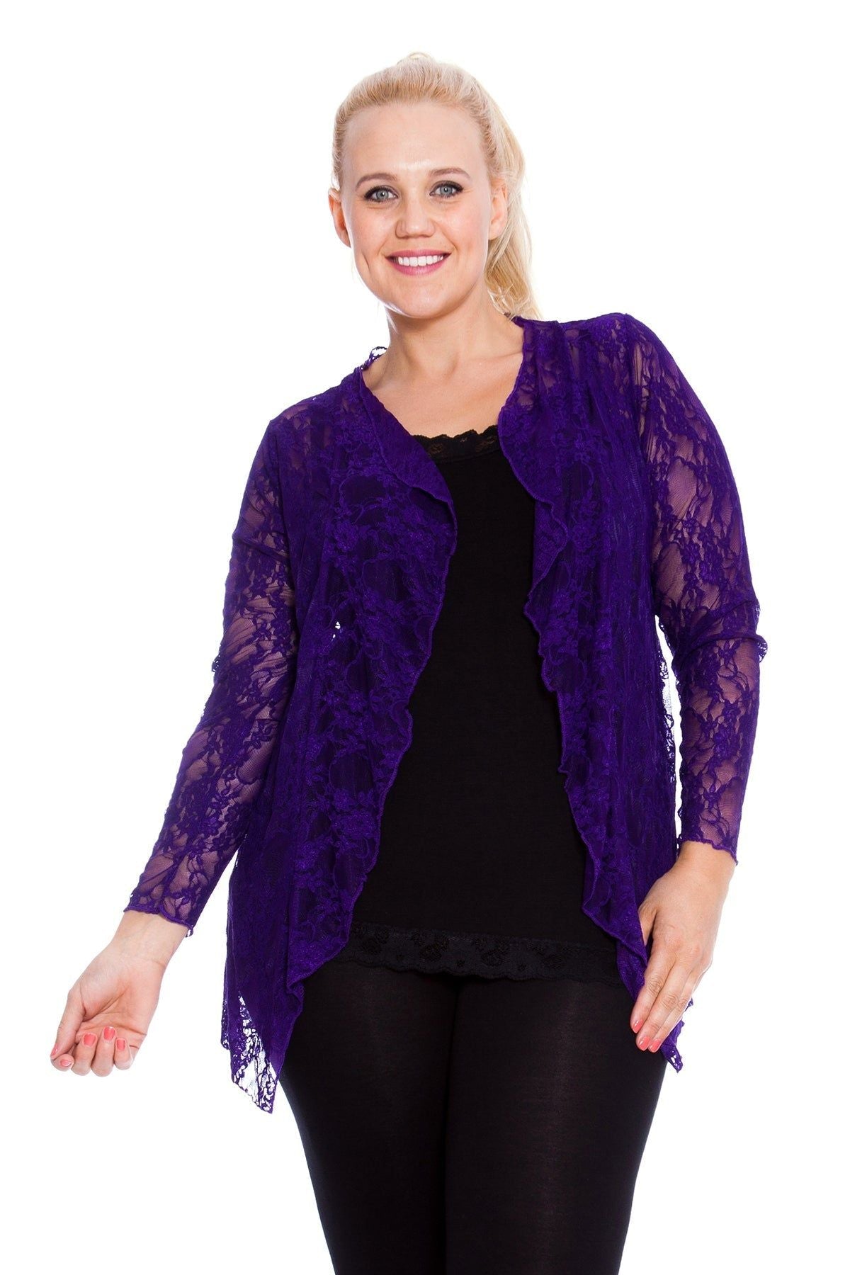 Black Floral Lace Open Cardigan Waterfall Top For Women 20 - Dropwear