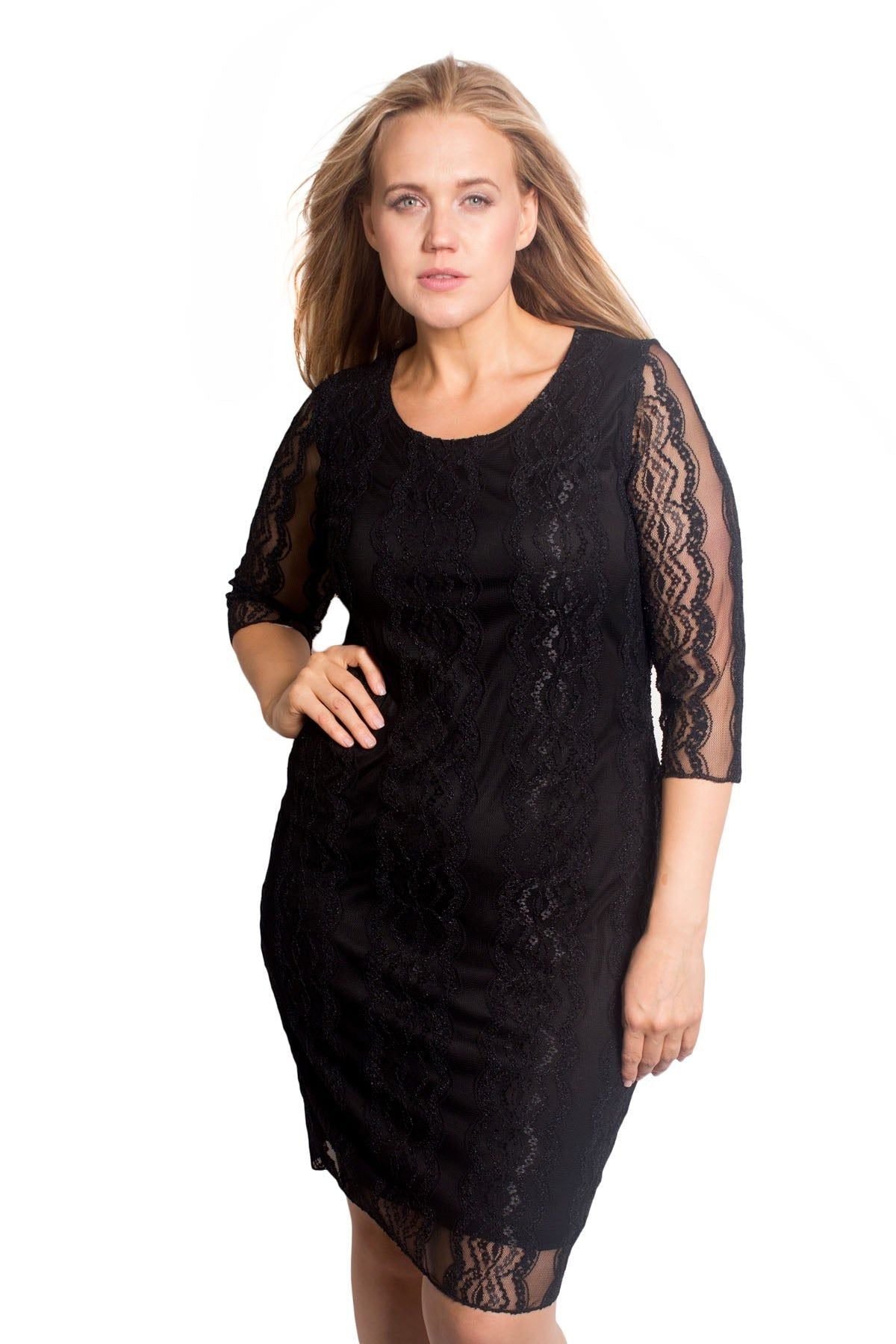 Black Floral Lace Lined 3/4 Sleeve Dress For Women 14 - Dropwear