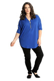 Zip Curved Hem V-Neck Batwing Sleeve Top For Women  - Dropwear