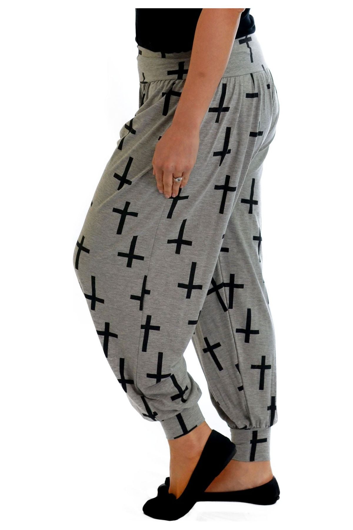Black Cross Plus Size Cross Print Harem Trousers For Women 20-22 - Dropwear