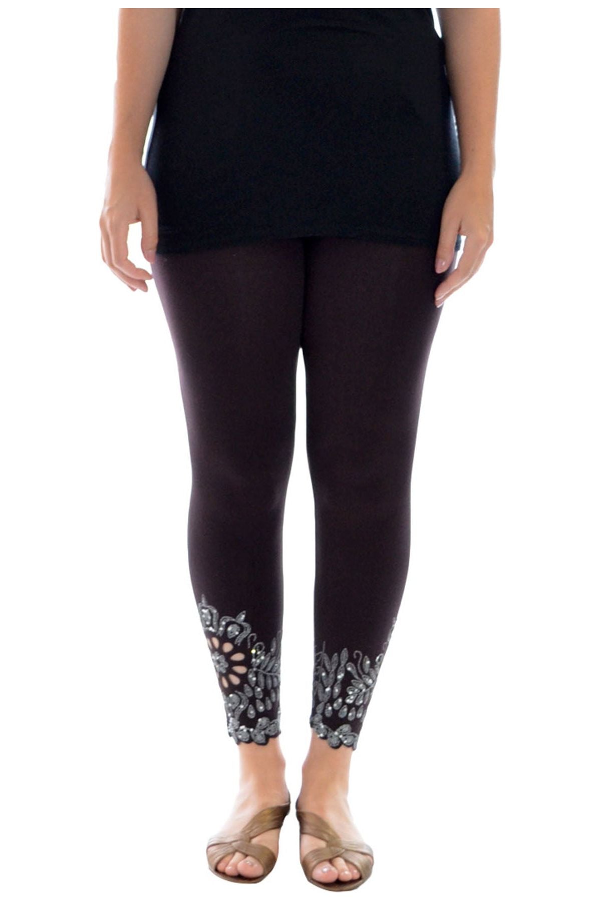Grey Plus Size Sequin Scallop Beaded Flower Petal Leggings For Women 20-22 - Dropwear