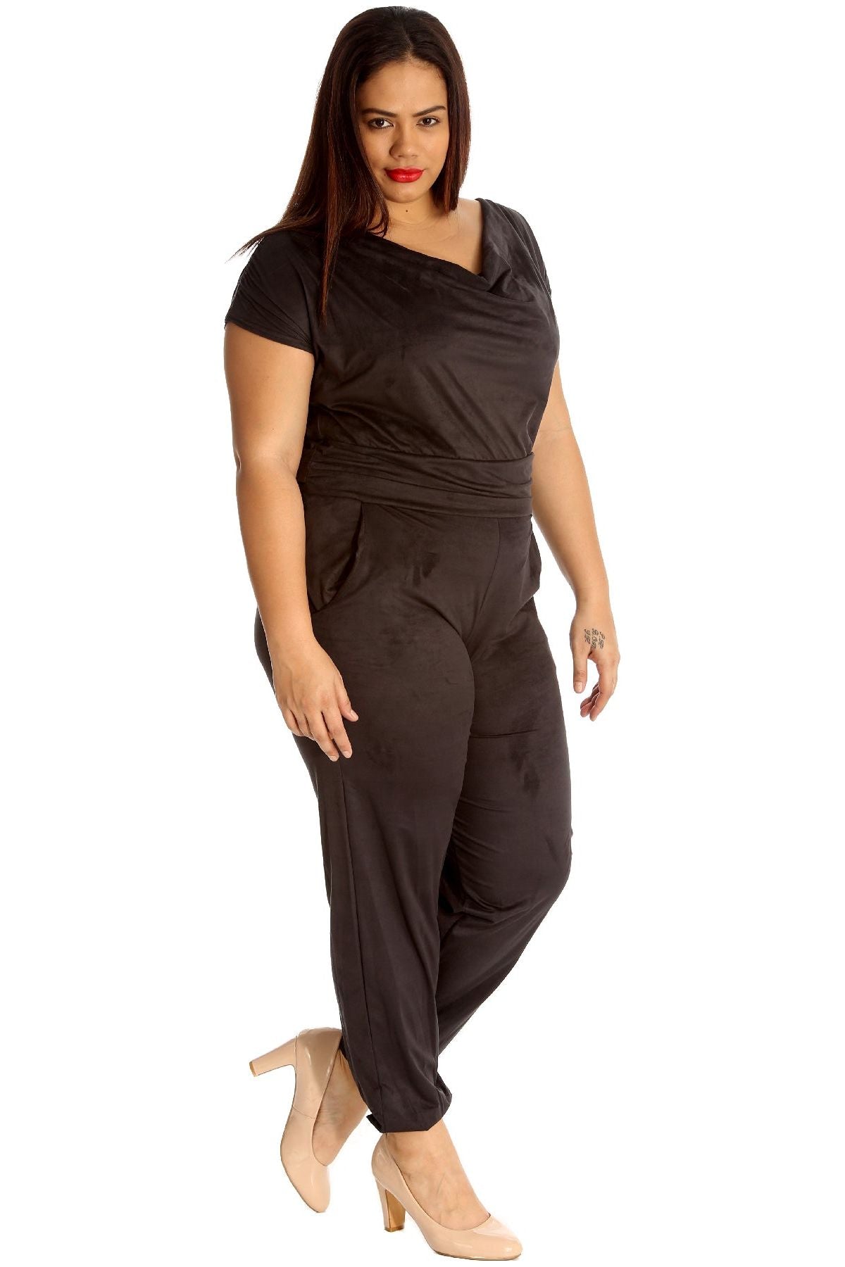 Black Plus Size Cowl Neck Pocket Belted Jumpsuits For Women 16 - Dropwear