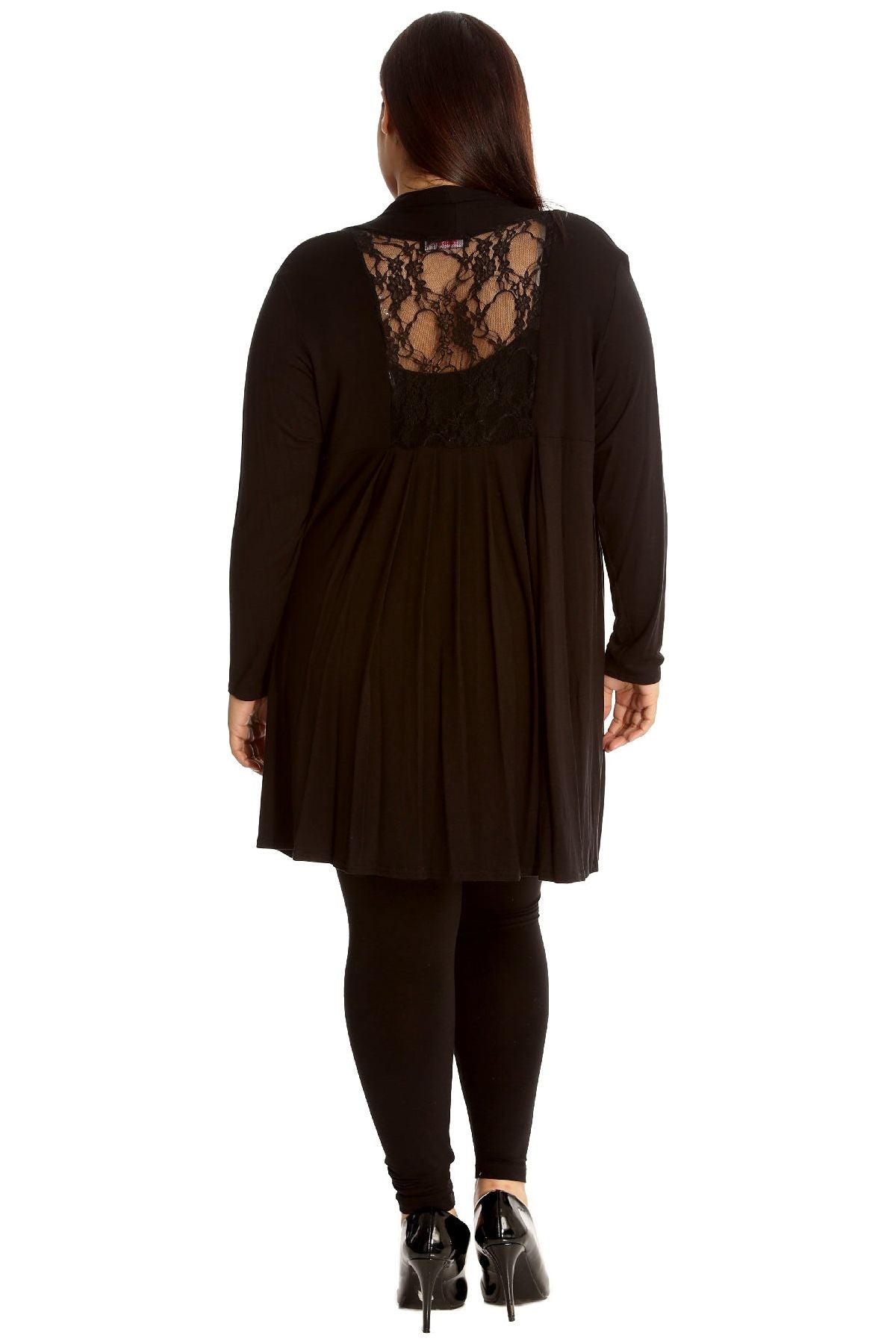 Black Plus Size Lace Back Open Pleated Cardigan For Women 20-22 - Dropwear