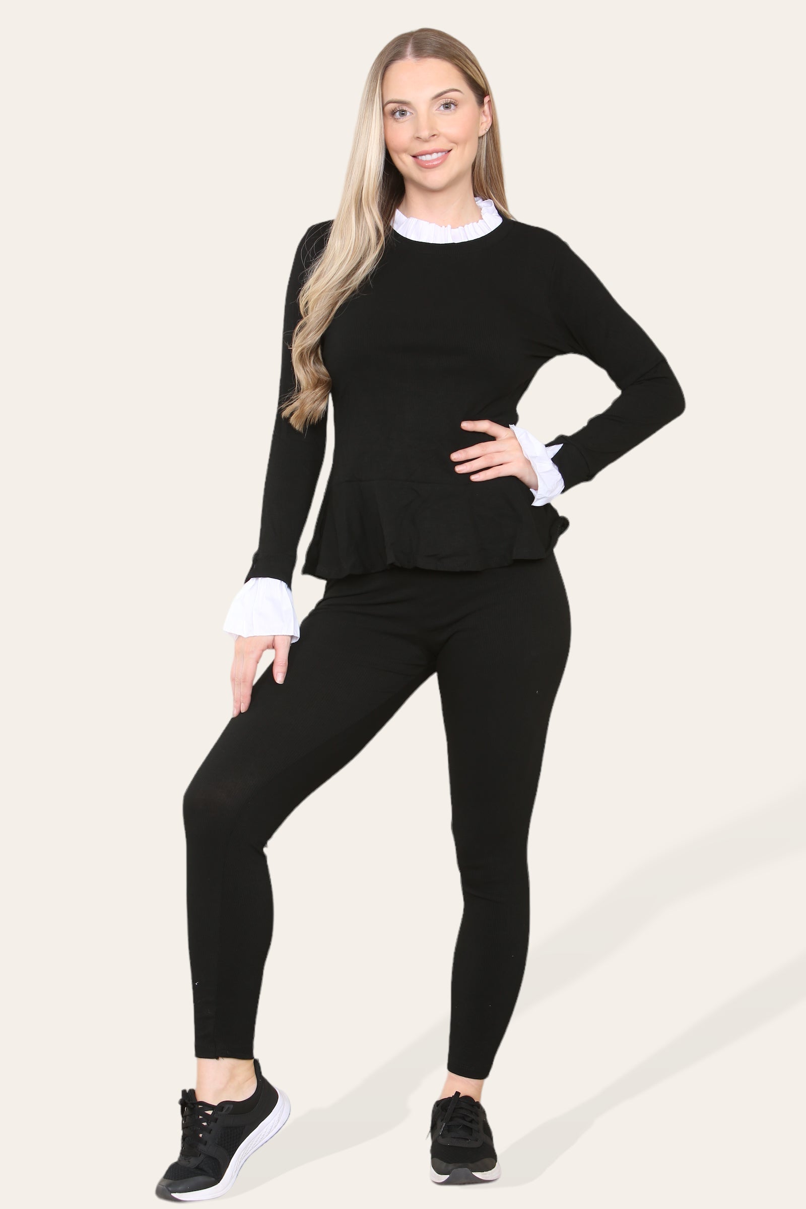 Peplum Frill Neck Suit Pleated Lounge Wear Set For Women  - Dropwear