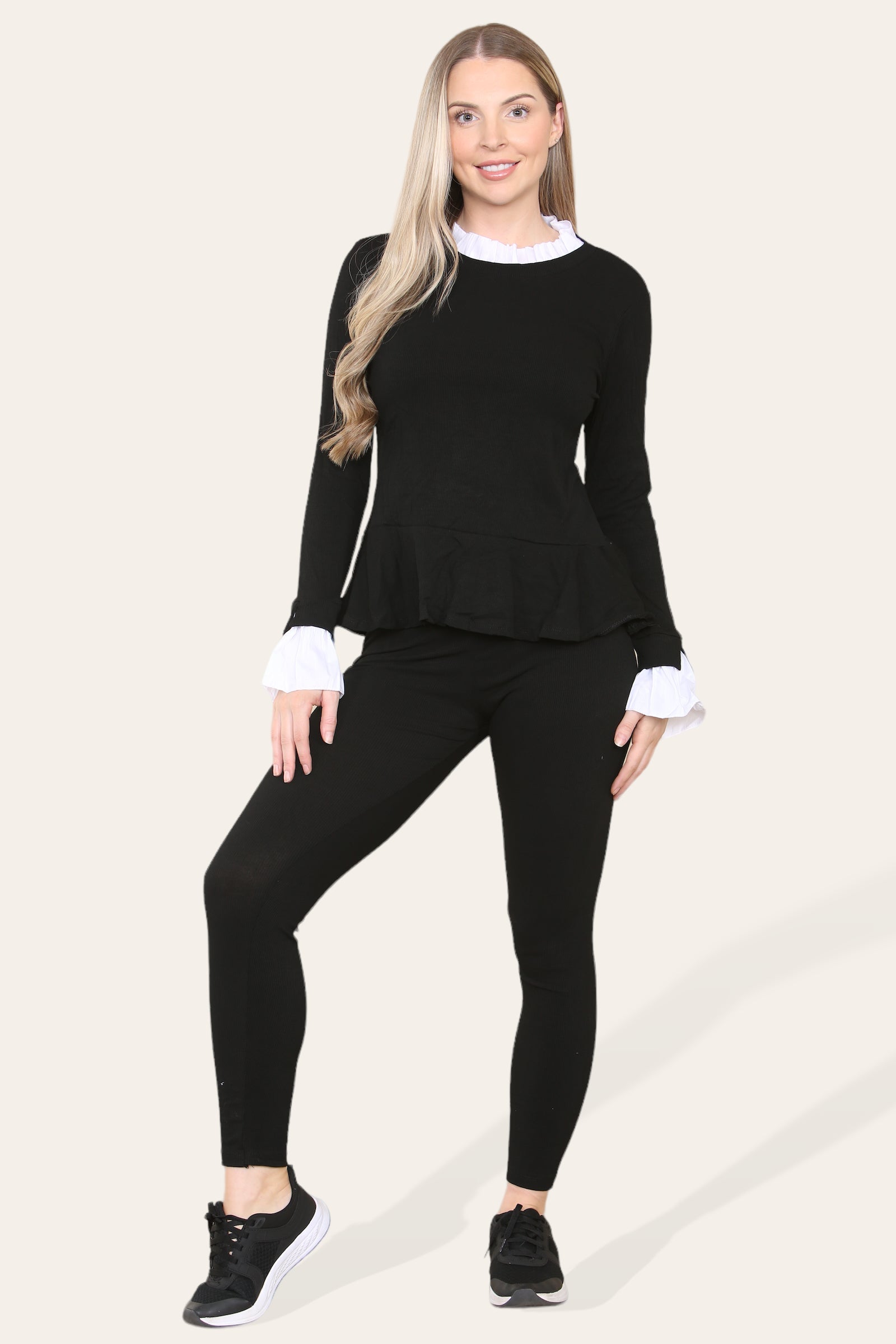 Peplum Frill Neck Suit Pleated Lounge Wear Set For Women  - Dropwear