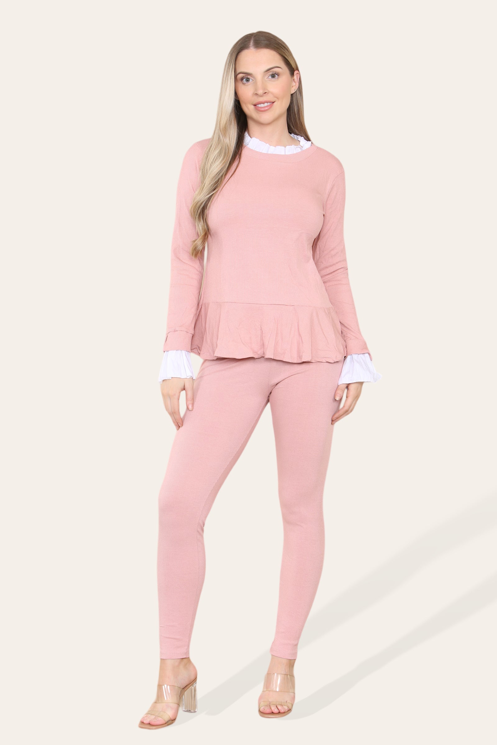Beige Peplum Frill Neck Suit Pleated Lounge Wear Set For Women 8-10 - Dropwear