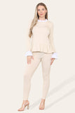 Beige Peplum Frill Neck Suit Pleated Lounge Wear Set For Women 12-14 - Dropwear