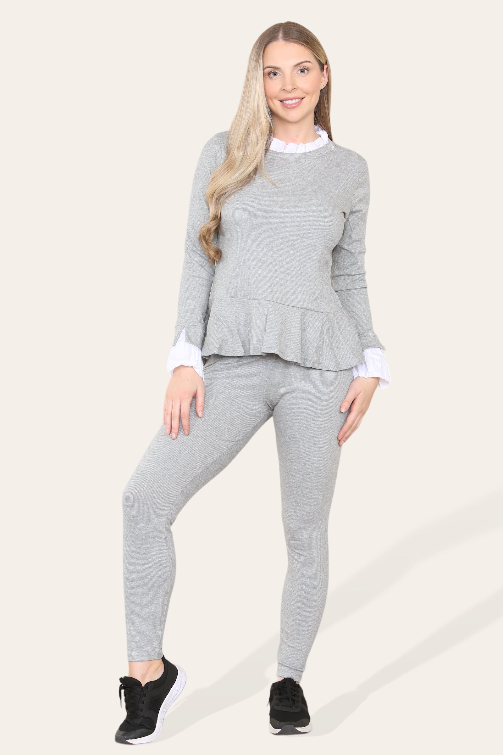 Peplum Frill Neck Suit Pleated Lounge Wear Set For Women  - Dropwear