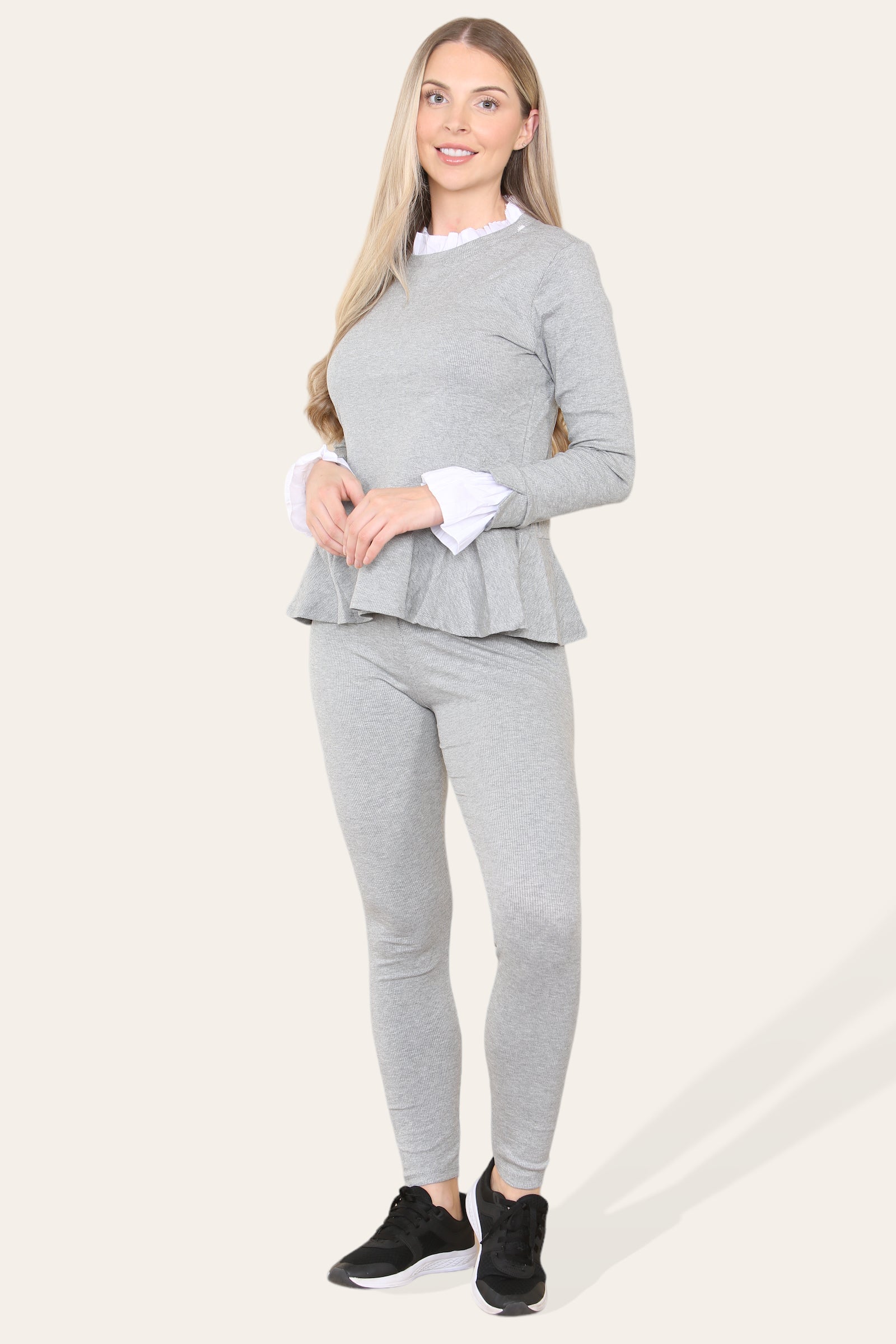 Peplum Frill Neck Suit Pleated Lounge Wear Set For Women  - Dropwear