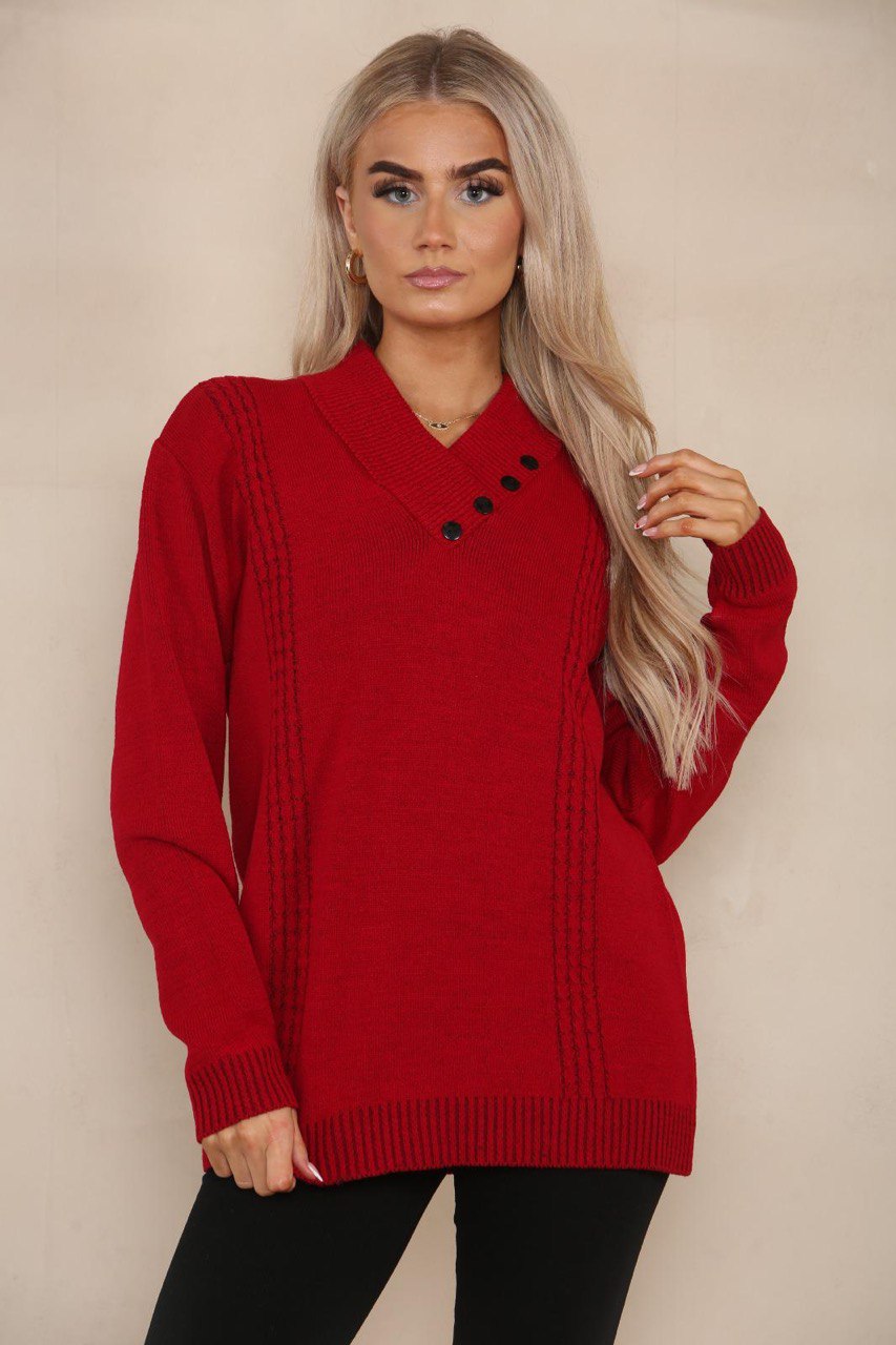 Red V Neck Cable Knitted Jumper For Women 16 - Dropwear
