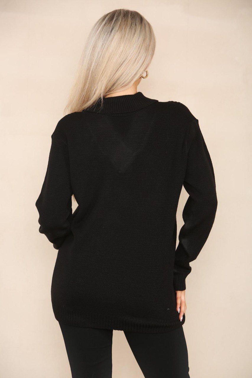 Black V Neck Cable Knitted Jumper For Women 16 - Dropwear