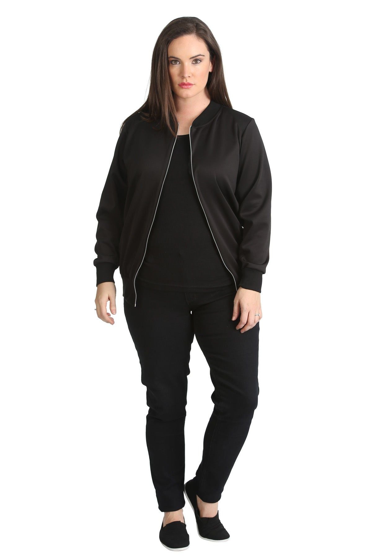 Black Plain Bomber Jacket Sleeve Top For Women 20 - Dropwear