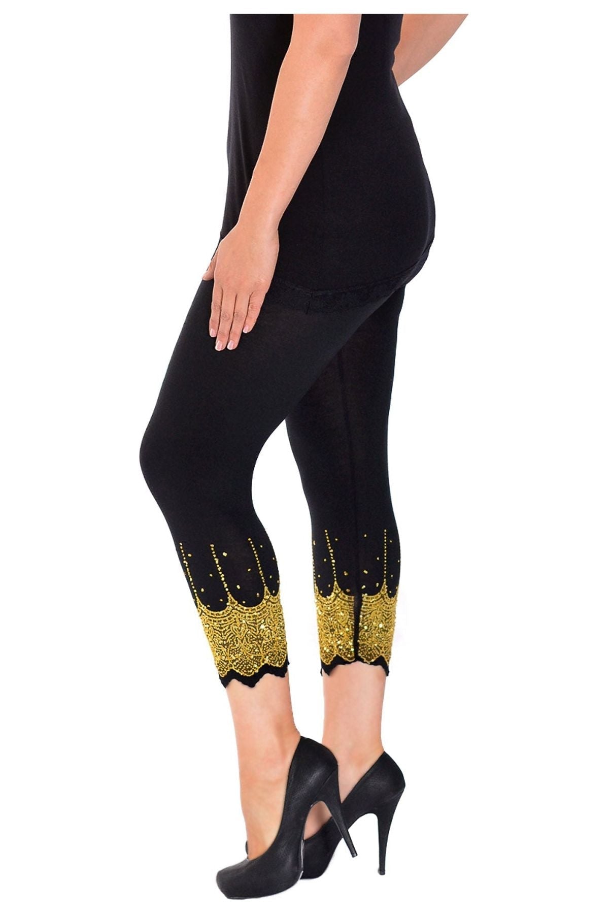 Scallop Edge Sequin Leggings For Women  - Dropwear