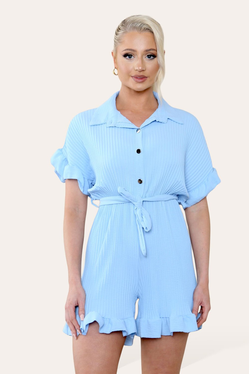 Hot Pink / Fuchsia Pleated Ruffle Shirt Short Playsuit With Frill Hems For Women ONE SIZE UK FIT (8-16) - Dropwear
