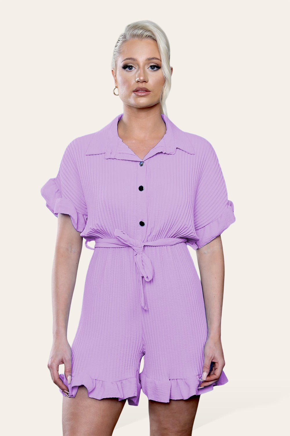 Black Pleated Ruffle Shirt Short Playsuit With Frill Hems For Women ONE SIZE UK FIT (8-16) - Dropwear