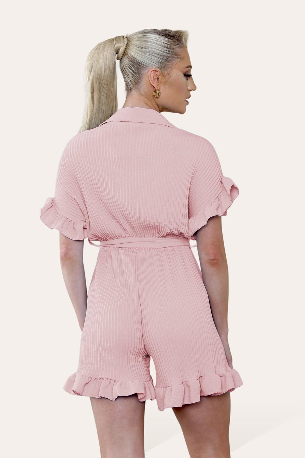 Khaki Pleated Ruffle Shirt Short Playsuit With Frill Hems For Women ONE SIZE UK FIT (8-16) - Dropwear