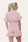 Khaki Pleated Ruffle Shirt Short Playsuit With Frill Hems For Women ONE SIZE UK FIT (8-16) - Dropwear