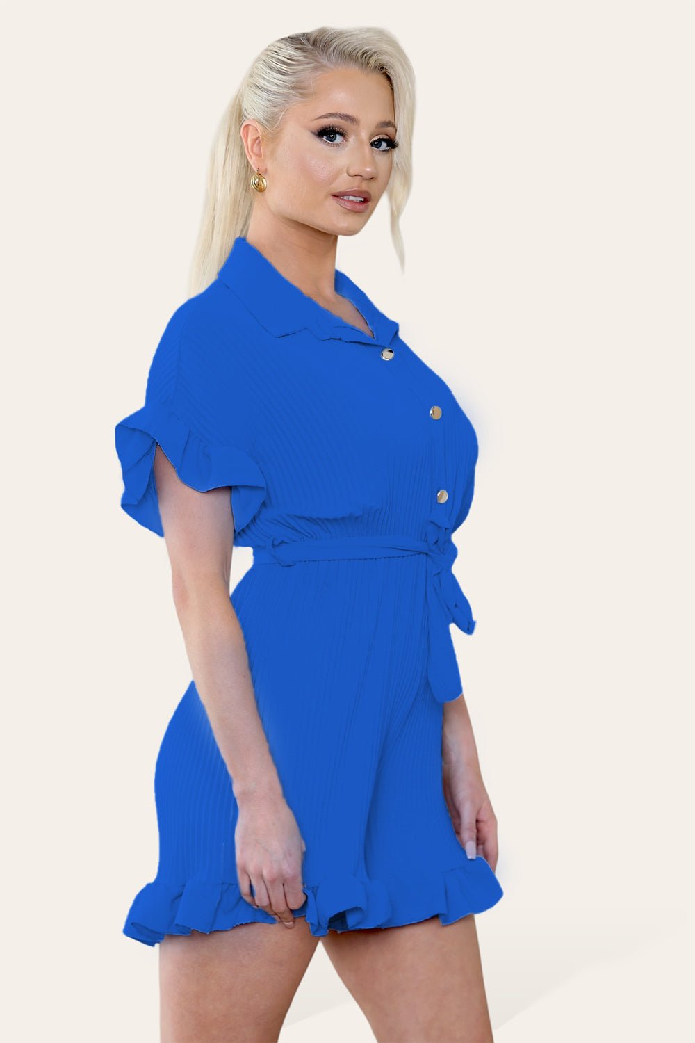 Pleated Ruffle Shirt Short Playsuit With Frill Hems For Women  - Dropwear